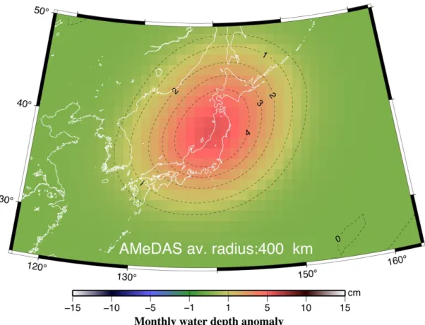 図 17  AMeDAS から求めた 1996 年～2002 年の 2 月と 8 月の荷重差に 400km の空間フィルター をかけたもの 