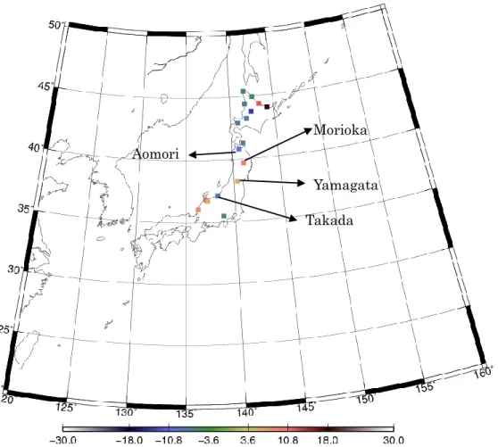 図 21  2002～2008 年の 2 月の積雥深の平均から 1996～2002 年の 2 月の積雥深の平均を引いた 差(cm)。差が 5cm 以上の地点のみを示す。    積雥が増えている点と減っている点があるが，ここでは増えている地点として盛岡と山形，減ってい る地点として青森，高田を取り上げて詳しく見てみる．これら 4 地点での積雥深度の時系列を図 23(a)～(d)に示す．全体として，2006 年には雥が多く降り，2007 年には降っている量が尐ないことが わかる．図 22 で海面水温の基準値との