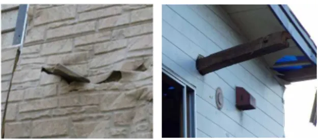 Fig. 1  Damage to the walls of houses by flying debris  受ける空気力を適切に評価する必要がある．  台風や竜巻などの強風により生じる飛散物の多く は，小石，木の枝，破壊された建物の部材など“流線 型でない形状”をもった物体，すなわち“ブラフボデ ィ”であり，飛散性状を予測するためにはそれらの 空力特性を知ることが基本となる．これまでに行わ れたブラフボディの空力特性を明らかにする研究と しては，Willsら（2002）が，飛散物の形状を塊状， シート状