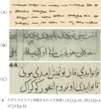 図 4 クダトクビリク ( 幸福をもたらす知恵 ) (A)[1]p.44, (B)[12]p.44, (C)[13]p.44.