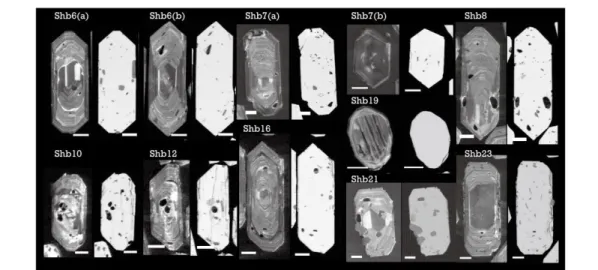 Fig.  7.  Cathodoluminescence  (CL)  and  backscattered  electron  (BSE)  images  of  zircon  from  the  Shibi-san  granodiorite, showing the internal structures of zircons with typical oscillatory growth zoning