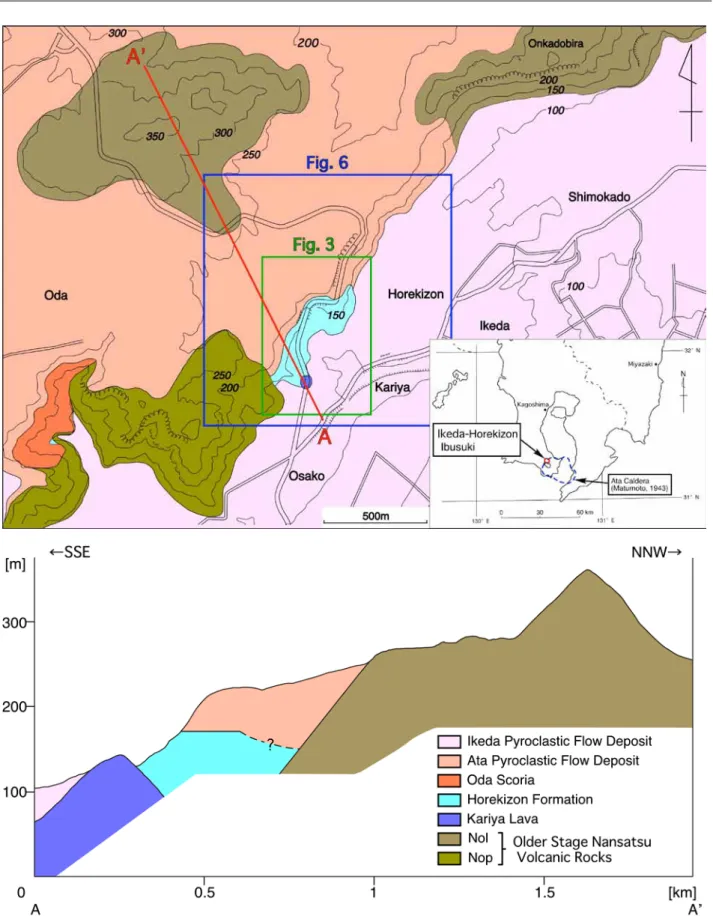 Fig. 1. Index map, geological map and section of the area studied.