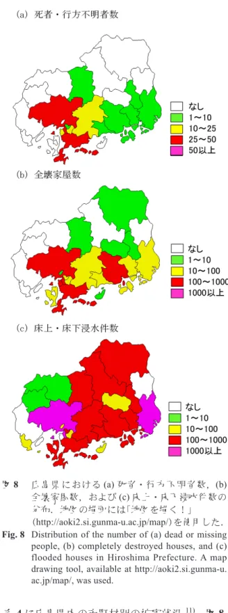 表 4 に広島県内の市町村別の被害状況 11) ，図 8 に 死者・行方不明者数，全壊家屋数，床上・床下浸水 の分布を示している．図 8（a）によると，死者・行方 不明者は雨量の多かった県南部を中心に発生してお り，この分布は図 8（b）の全壊家屋数の分布とも整 合している．死者・行方不明者の多かった市町村は， 広島市で 25 名，呉市で 25 名，坂町で 17 名，東広図8  広島県における (a) 死者・行方不明者数，(b)全壊家屋数，および(c) 床上・床下浸水件数の分布．地図の描画には「地図を描く！