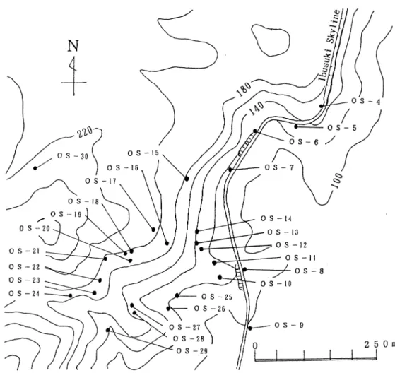 Fig. 5 Distribution map of the sampling points. Ⅳ.実験結果 調査地域から採取した試料について, XRD分析を行った結果,同定された変質鉱物は,カ オリナイト,ハロイサイト,雲母,スメクタイト,緑泥石,石英,クリストバライト,トリデイ マイト,バーミキュライト,石膏,べ‑マイトおよび混合層鉱物である.混合層鉱物は,雲母 /スメクタイト,緑泥石/スメクタイト,緑泥石/バーミキュライトの3種類が確認された.各 試料中に含まれる粘土サイズの鉱物組成をTable 1 
