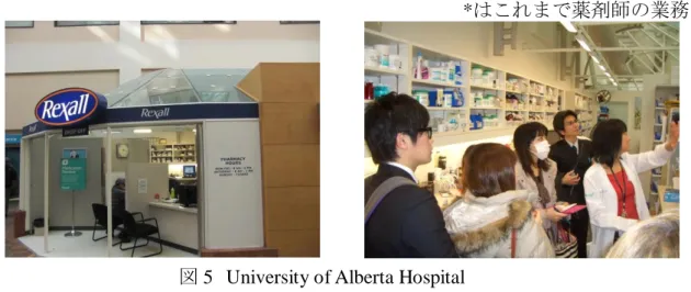 図 5  University of Alberta Hospital  Rexall Pharmacy  1-4  医療事情 8) カナダは英国と同じようなメディケアと呼ばれる国民皆保険制度があり、州によって若干制 度は異なるが、国民はすべて地域の一般医(GP)  に登録される。専門的な治療が必要とな ると GP を通して専門医に紹介されるが、医師不足のため、手術待機時間や専門医による治 療を開始するまでの待機期間が長く、治療を受ける前に命をおとすケースも実際に起こって いて問題になっている。そのため富裕