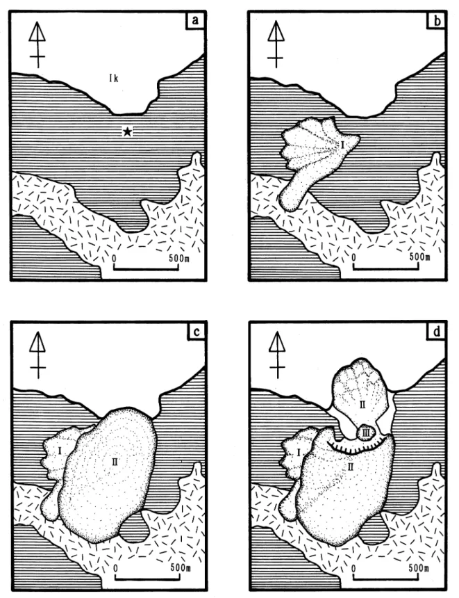 Fig. 9. Sketch maps showing the developement of Nabeshima‑dake lava dome, (a) Before the eruption. (b) Effusion of LavaI. (c) Effusion of LavaII. (d) Effusion of LavaIE by the collapse of LavaII. Symbols as Fig. 1.