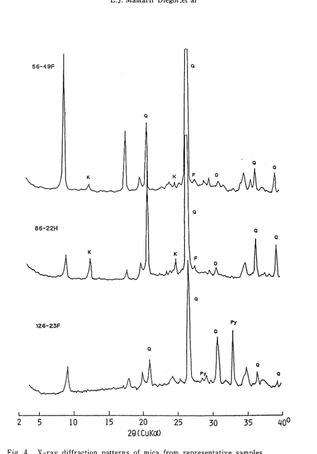 Fig. 4. X‑ray diffraction patterns of mica from representative samples.