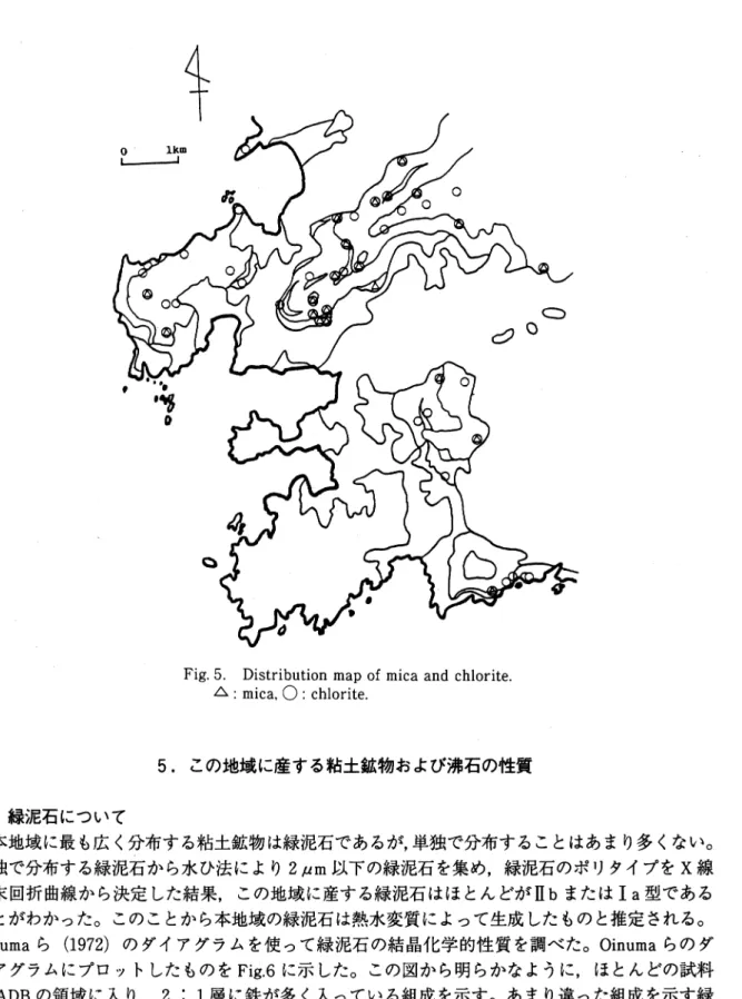 Fig. 5. Distribution map of mica and chlorite. △ : mica, ○: chlorite. 5.この地域に産する粘土鉱物および沸石の性質 a.緑泥石について 本地域に最も広く分布する粘土鉱物は緑泥石であるが,単独で分布することはあまり多くない｡ 単独で分布する緑泥石から水ひ法により2〟m以下の緑泥石を集め,緑泥石のポリタイプをⅩ線 粉末回折曲線から決定した結果,この地域に産する緑泥石はほとんどがIbまたはIa型である ことがわかった｡このことから本地域の緑泥石