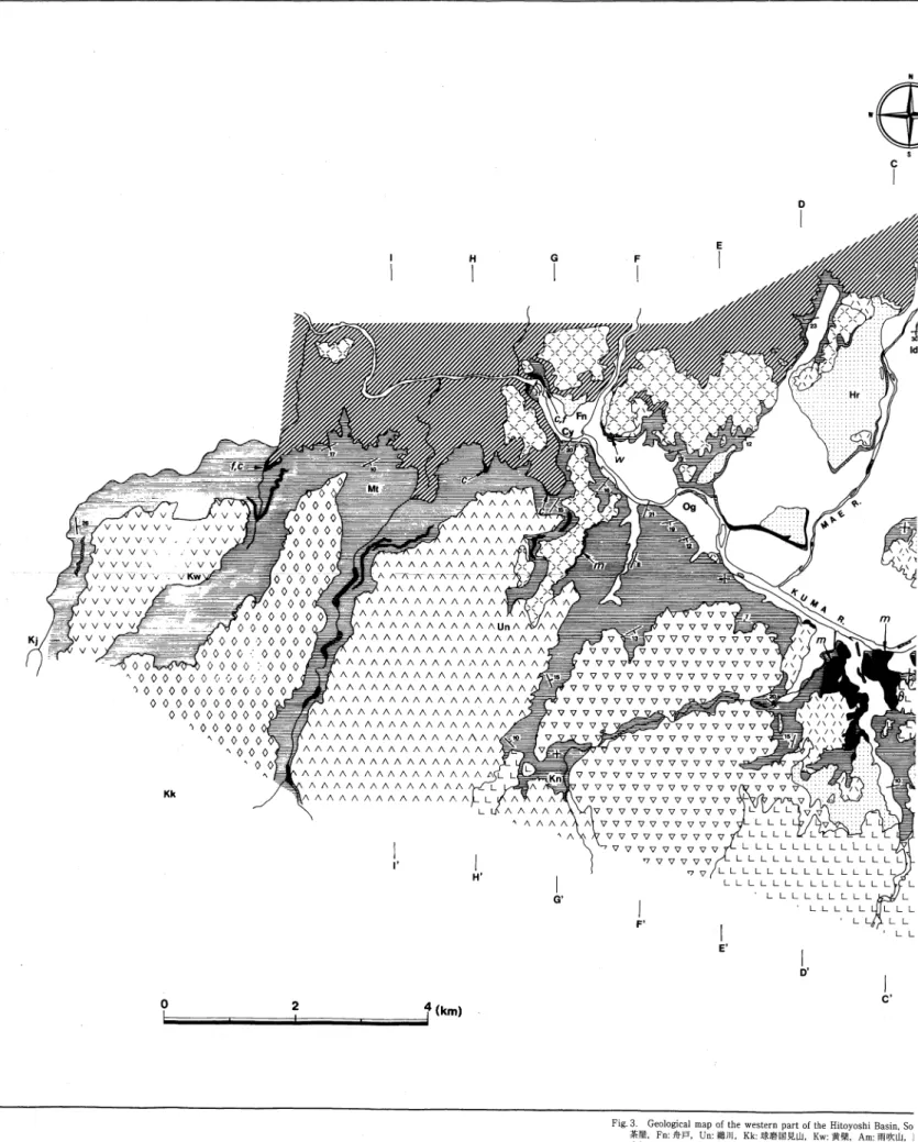 Fig. 3. Geological map of the western part of the Hitoyoshi Basin, So 茶屋, Fn:舟戸, Un:鵜川, Kk:球磨国見山, Kw:黄葉, Am:雨吹山, ] 大無田, Kb:古仏頂, Kj:黒白 Sz:草津, Ak:赤仁田, Ok:大畑 Mt:毎