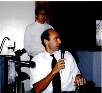 Fig. 4. Prof. A. C. Feller showed his specimen treated by antigen-retrieval paraffin-immunhistochemistry of CD5 by a microscope-TV system.