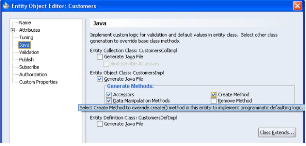 図 5 - Entity Object の Create Method の生成 ビジネス・ケース 新しい顧客の作成時に、データベース順序から CustomerId フィールドのデフォル ト値を設定します。  実装 create メソッドを生成した後に次のコードを追加して、データベースからシーケン スを読み取り、 customerId を設定し、スーパー・クラスの create メソッドを呼び出 して"適切な処理"を実行します。 