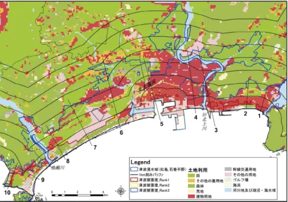 Fig. 5　Overlay of tsunami damage and landform classification on the Ishinomaki Plain.