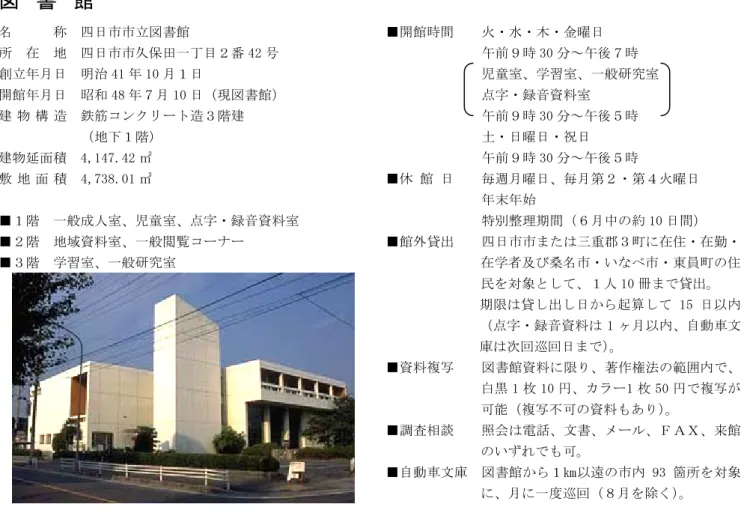 図 書 館  ■開館時間    火・水・木・金曜日 名      称  四日市市立図書館                午前９時 30 分～午後７時 所  在  地  四日市市久保田一丁目２番 42 号                児童室、学習室、一般研究室 創立年月日  明治 41 年 10 月１日                点字・録音資料室 開館年月日  昭和 48 年７月 10 日（現図書館）                午前９時 30 分～午後５時 建 物 構 造  鉄筋コンクリート造３階建