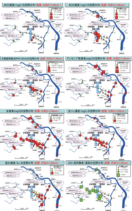 Fig. 3 Spatial distribution of water Quality in the tidal area of Kanda River, Nihonbashi River, Sumida River and Arakawa River [Date: 16/11/2007]
