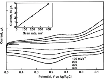 Fig. 2.    Cyclic voltammograms of bhbbpa immobilized ITO electrode after the immersion of CuSO 4  solution (0.1 mM) on varying the  scan rate of 100, 200, 300, and 400 mVs -1  in 0.1 M Na 2 SO 4  solution