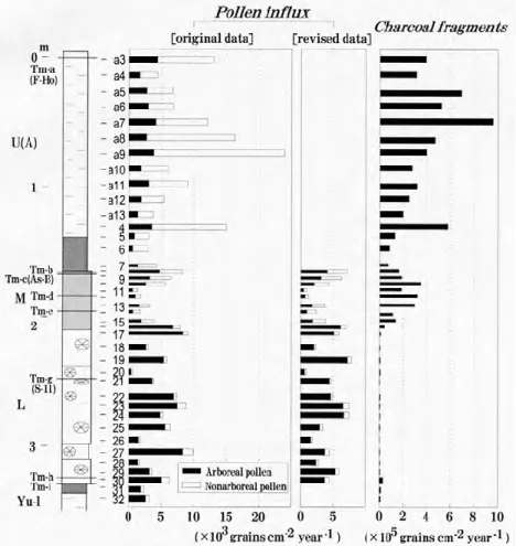 Fig. 5 Variations of pollen influx and charcoal fragments at localities TM6 and TM10.を用いて計測・成形し1 cm 角で採取した。一定量の体積をとる方法にはデイスポーザルシリンジや重量測定などの方法があるが，硬く締まった未分解泥炭ではデイスポーザルシリンジは試料が変形し定量でとることは困難である。この成形法で同一試料より10試料を採取し，試料の比重（ゲーリュサック型比重びんを用いた）と成形試料の質量から算定した体積は0.96