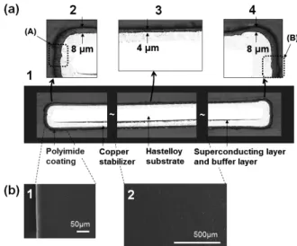 Fig.  1(a-1)に極薄ポリイミド皮膜 REBCO 線材の断面を示す。 線材断面全体にわたり、均一で薄い皮膜が形成されている。 線材の平面部では 4  μm 程度の皮膜が、端部では若干厚い がそれでも 8  μm 程度とほぼ均一な皮膜が形成されている