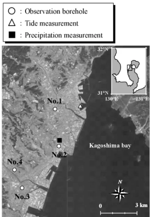 Fig. . Geological strata at four observation points in Kagoshima city