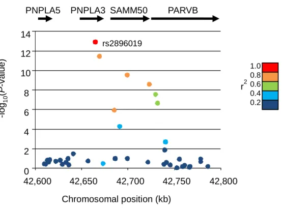 図 3    GWAS で NAFLD と有意な関連が見られた chr22q13 領域の SNP と連鎖 不平衡係数 