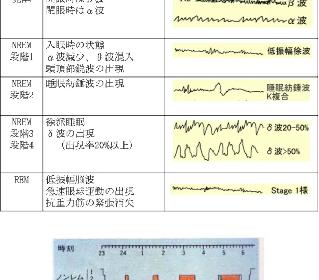 表 2-1.  睡眠段階の脳波の特徴(Rechtscaffen＆Kales；2006) 