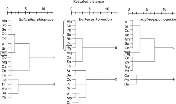 Fig. 3 Dendrograms indicate relationships among trace element concentrations in liver of three rare birds species from Yambaru area, Okinawa, Japan by results of cluster analysis.
