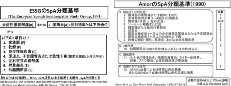 図 5. ESSG の SpA 分類基準   図 6. Amor の SpA 分類基準  末梢性 SpA の画像所見  単純レントゲンにおける付着部の骨びらん、靭帯骨棘形成（通常の骨棘とは異なる）  これらは SpA の特徴的所見とされるが、踵骨の靭帯骨棘は機械的ストレスによっても形 成され、健常者においても認めることがあるので、 SpA との関連の解釈は慎重に行う必要 がある。若年者に見られる大きな靱帯骨棘は SpA と関連があると判断できるかもしれな い 18) 。  EULAR recomme