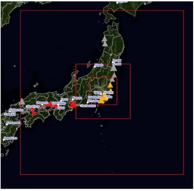 図  3 ．大気汚染モデル CALPUFF のモデルエリア：  東京・千葉のケーススタディ（赤枠内）