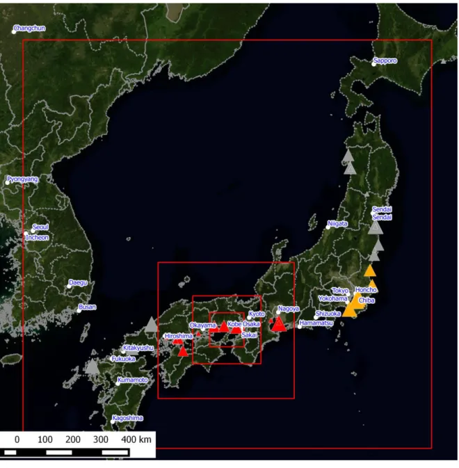 図  4.   大気汚染モデル CALPUFF のモデルエリア：大阪・兵庫のケーススタディ（赤枠内）
