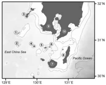 Fig. 1. Map of southern Kyushu and adjacent islands,  Japan. Numbers in the map show major places mentioned  in the text: 1, Uji Islands; 2, Kusagaki Islands; 3, Koshiki  Islands; 4, Kuro-shima island; 5, Iou-jima island; 6,  Take-shima island; 7, Yaku-Tak