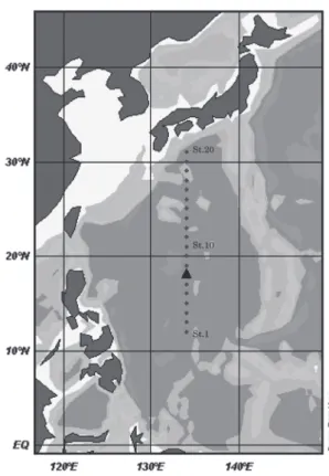 Fig. 1 shows the position of oceanographic observation  along 134°E in 2009.