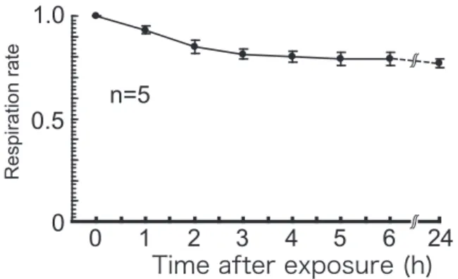 Fig. 4  Respiration rate in octopus (n=8) measured at different  intervals during exposure to 30 mM Mg 2+ 