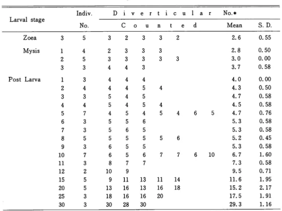 Table 1 . Increase of the diverticular number of the midgut gland according to each of the larval stages from the zoea 3 to the postlarva 30.
