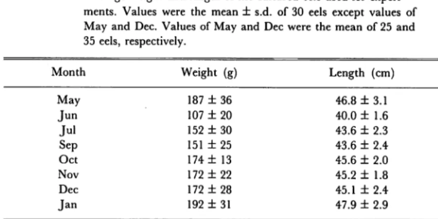 Table 1. Average weight and length of the cultured eels used for experi ments. Values were the mean ± s.d