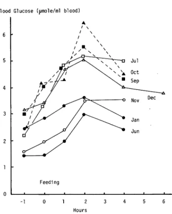 Fig. 1. Chages in concentration of the blood glucose of the eel after feeding.
