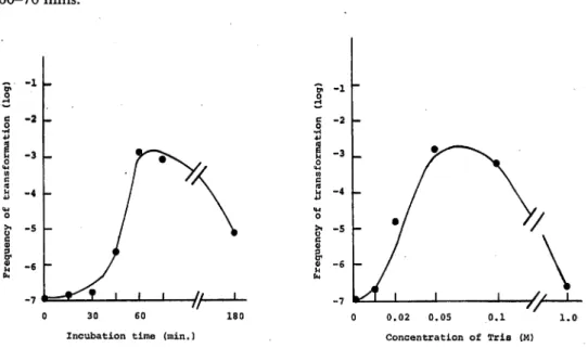 Fig. 4. Time course on competence induction. Fig. 5. Effect of Tris cone, on competence induction.