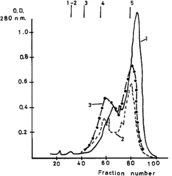 Fig 9. Chromatography of hydrolyzate and plastein products on sephadex G-50. (Waste material)