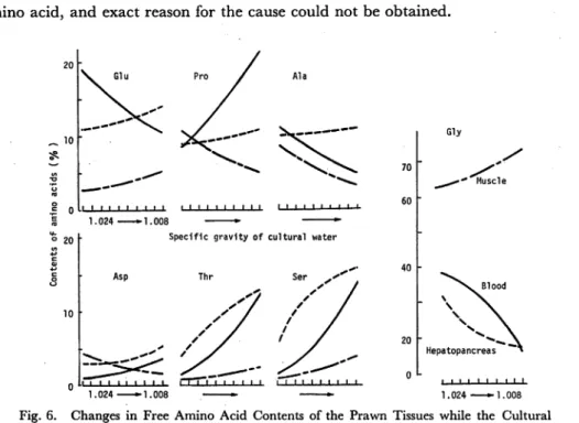 Fig. 6. Changes in Free Amino Acid Contents of the Prawn Tissues while the Cultural Water was Gradually Diluted.