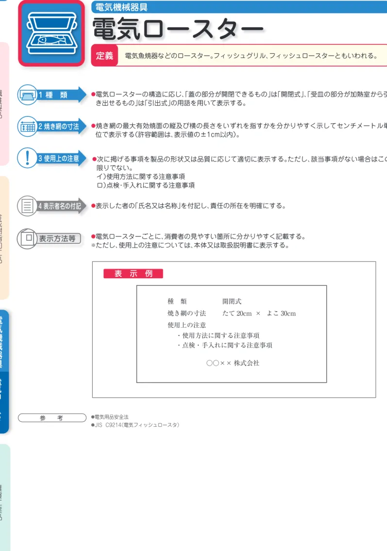 表　示　例 600mm 600mm 1,800mm ○○××株式会社使用上の注意・使用方法に関する注意事項・点検・手入れに関する注意事項・設置に関する注意事項定格内容積消費電力量外形寸法全定格内容積冷凍室定格内容積冷蔵室定格内容積 50Hz 350kWh／年 60Hz 350kWh／年幅奥行き高さ210ℓ40ℓ170ℓ定義電気冷蔵庫● 冷凍機を使った冷蔵庫及び冷凍冷蔵庫を対象とする。● 熱電素子を使用しないものに限る。● JIS C9801-3（家庭用電気冷蔵庫及び電気冷凍庫の特性及び試験方法－第3部：消費