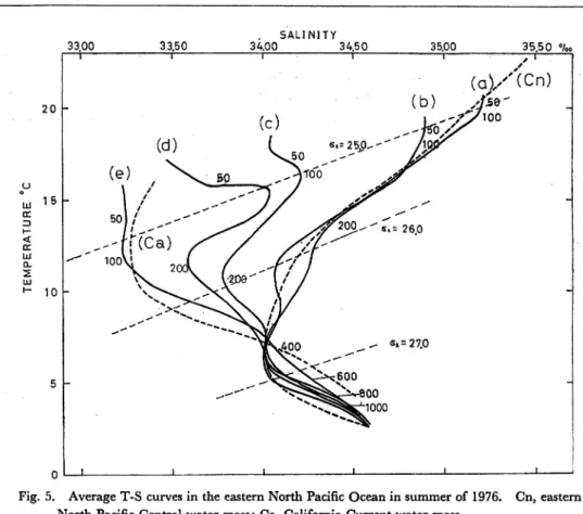Fig. 5. Average T-S curves in the eastern North Pacific Ocean in summer of 1976.