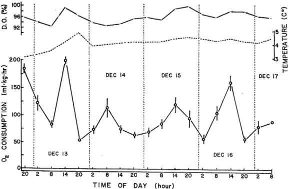 Fig. 4. Diurnal variation ofoxygen consumption under the ordinary condition in the hatchery ('control')