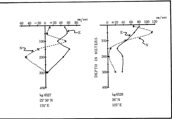 Fig. 7. Vertical profile of the east-west and north-south components (eastward, north ward positive) of the directly measured current velocity relative to 1,000 m.