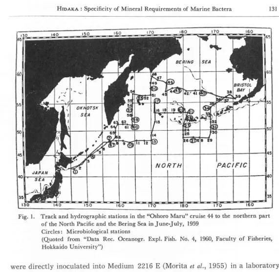 Fig. 1. Track and hydrographic stations in the "Oshoro Maru" cruise 44 to the northern part of the North Pacific and the Bering Sea in June-July, 1959
