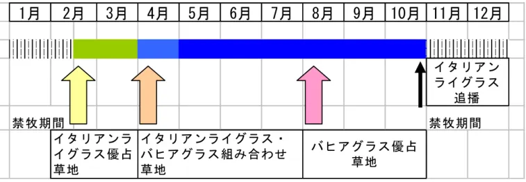 図 １ ． 暖 地 低 標 高 地 帯 の 放 牧 草 地 に お け る 追 播 と 作 付 利 用 方 式 （ 代 表 例 ）     南 西 諸 島 は 暖 地 型 草 種 に よ る 周 年 放 牧 が 可 能 な 地 域 で す 。特 に 、放 牧 が 盛 ん な 八 重 山 列 島 で は 、ジ ャ イ ア ン ト ス タ ー グ ラ ス の 優 占 草 地 で の 放 牧 が 行 わ れ て い ま す 。本 草 種 は ほ ふ く 性 の 暖 地 型 イ ネ 科 牧 草 で 、 そ の 生 