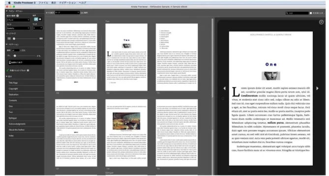 図 5: Kindle Previewer のワークスペース (Mac)  1.8.1   「プレビュー/ナビゲーション オプション」ペイン  「プレビュー/ナビゲーション オプション」ペインでは、「プレビュー」ペインで電子書籍がどのように表示されるかを変 更できます。「プレビュー/ナビゲーション オプション」ペインのオプションを調整すると、使用可能な端末のタイプの さまざまな設定で電子書籍を確認できます。    「プレビュー オプション」セクションのオプションを使用して、プレビューの「端末の種類」、「向