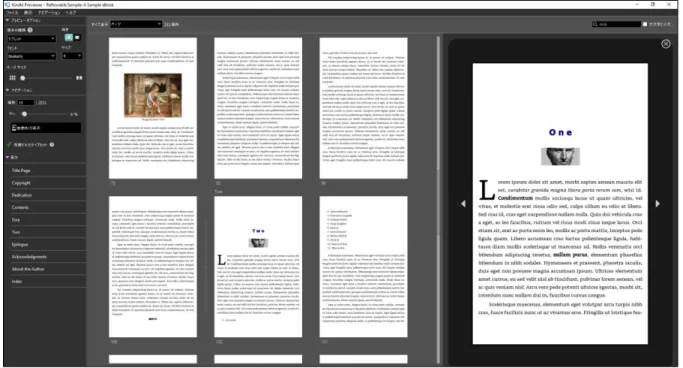 図 2: Kindle Previewer のワークスペース (Windows)  注: タブレット端末ウィンドウが表示されても、サムネイルがない場合、電子書籍が固定レイアウトであるか、改 善されたタイプセットをサポートしていないことが原因の場合があります (詳細については、セクション 2.1 を参 照)。  「プレビュー オプション」セクションで、「端末の種類」リストから端末を選択し、「フォント」および「サイズ」を設定し たい値に調整します。  1.1.2  電子書籍に目を通す  Kindle Previ