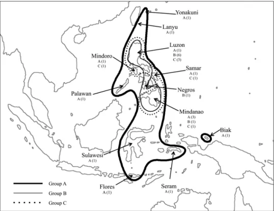 Fig. 4.  Distribution of Wallacellum in Southeast Asia; group A (bold line), group B (thin line), group  C (dot line)