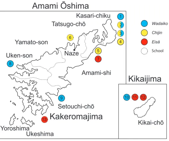 Fig. 6. Distribution of drum groups in the Amami islands based on Table 5.