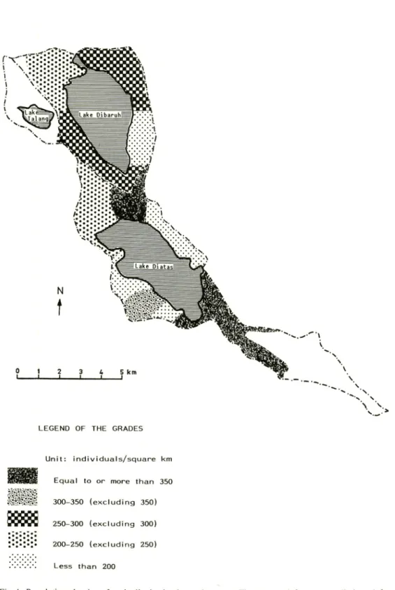 Fig. 4. Population density of each district in the study area. The protected forests are eliminated from the districts for the calculation