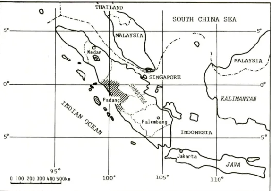 Fig. 1. Map of Sumatra and its adjacent regions. The chain lines represent the boundary lines of countries ; and dotted lines, boundary lines of the provinces in Sumatra