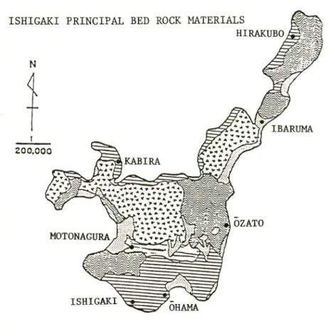 Fig. 2. Principal bed rock materials of Ishigaki Island (Chinzei et at., 1967) Because of geological complexity, the island of Ishigaki has the most varied bed rock materials among the three islands (Okinawa, Miyako and Ishigaki)
